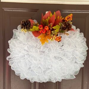 Festive White Pumpkin Holiday Wreath with Autumn Accents